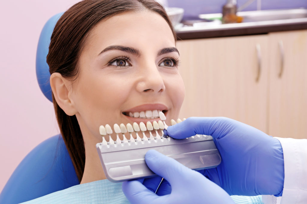 Dentist checking and selecting color of young woman’s teeth